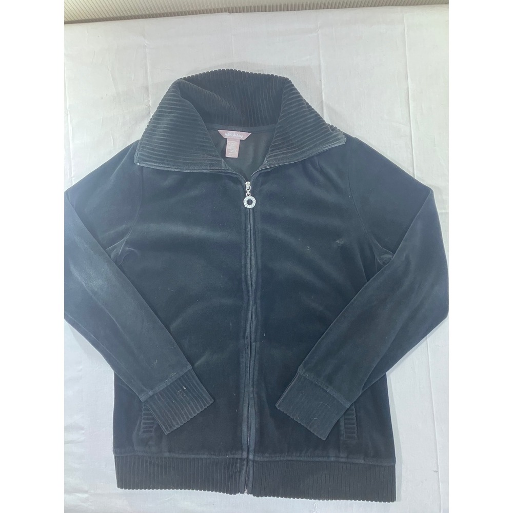 White Stag Velour Track Jacket Zip Front Athletic Casual Black Size S